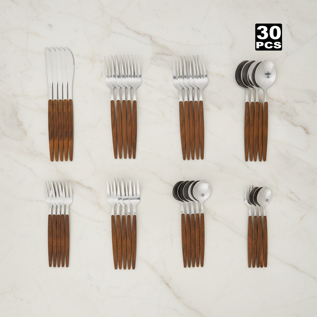 30-piece cutlery set on cream marble