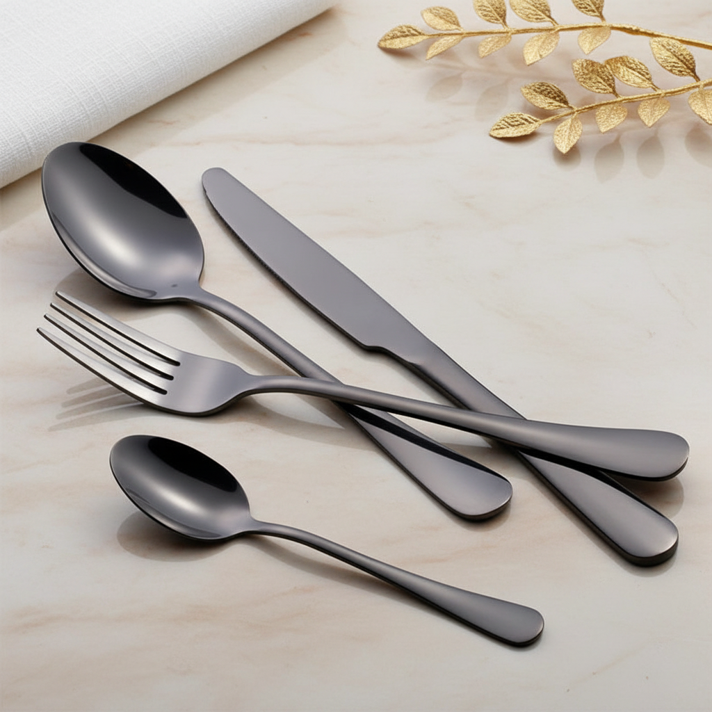 Black Cutlery on Cream Marble
