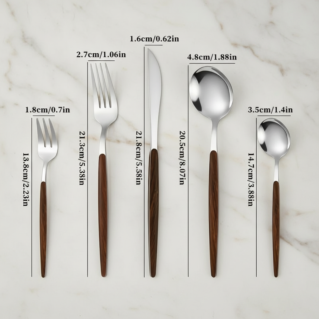 Cutlery with dimensions on cream marble
