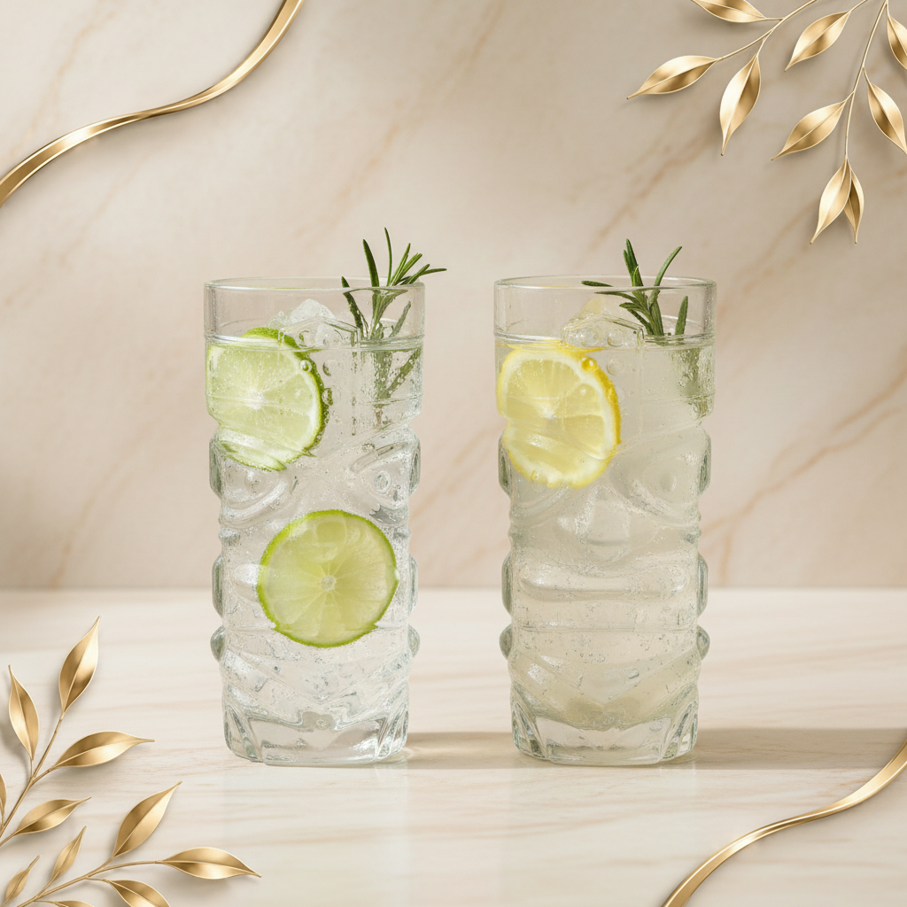 Glass Tiki Mugs on Gold Marble Background