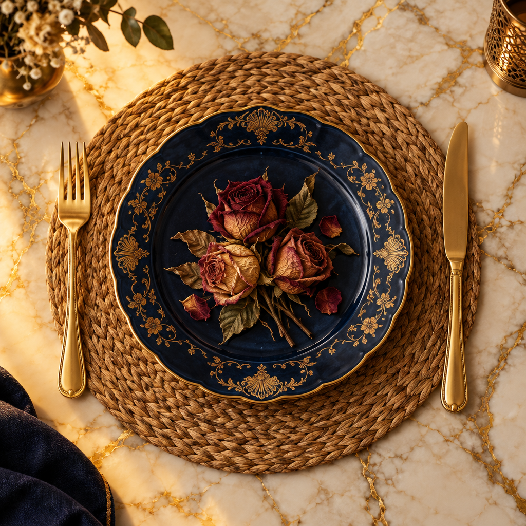 Gold Cutlery and Dark Plate