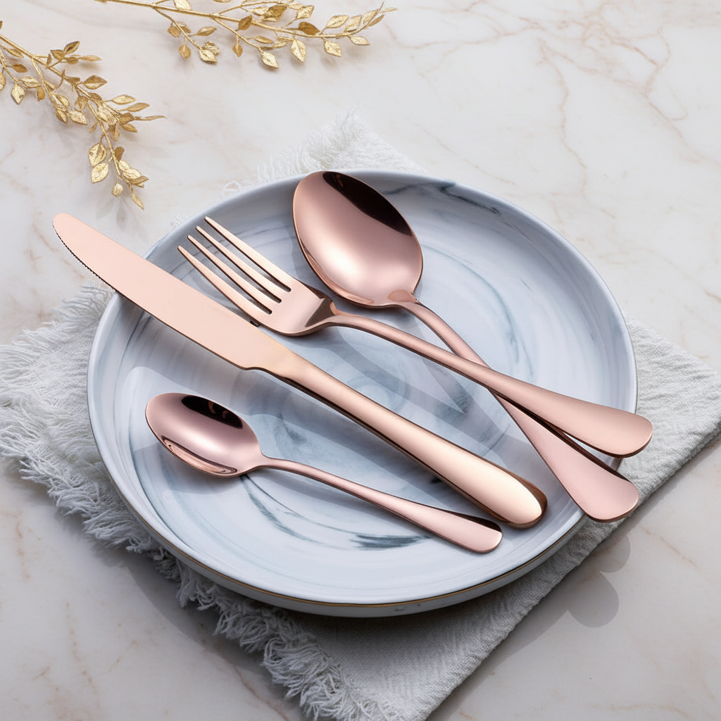 Rose Gold Cutlery on Cream Marble