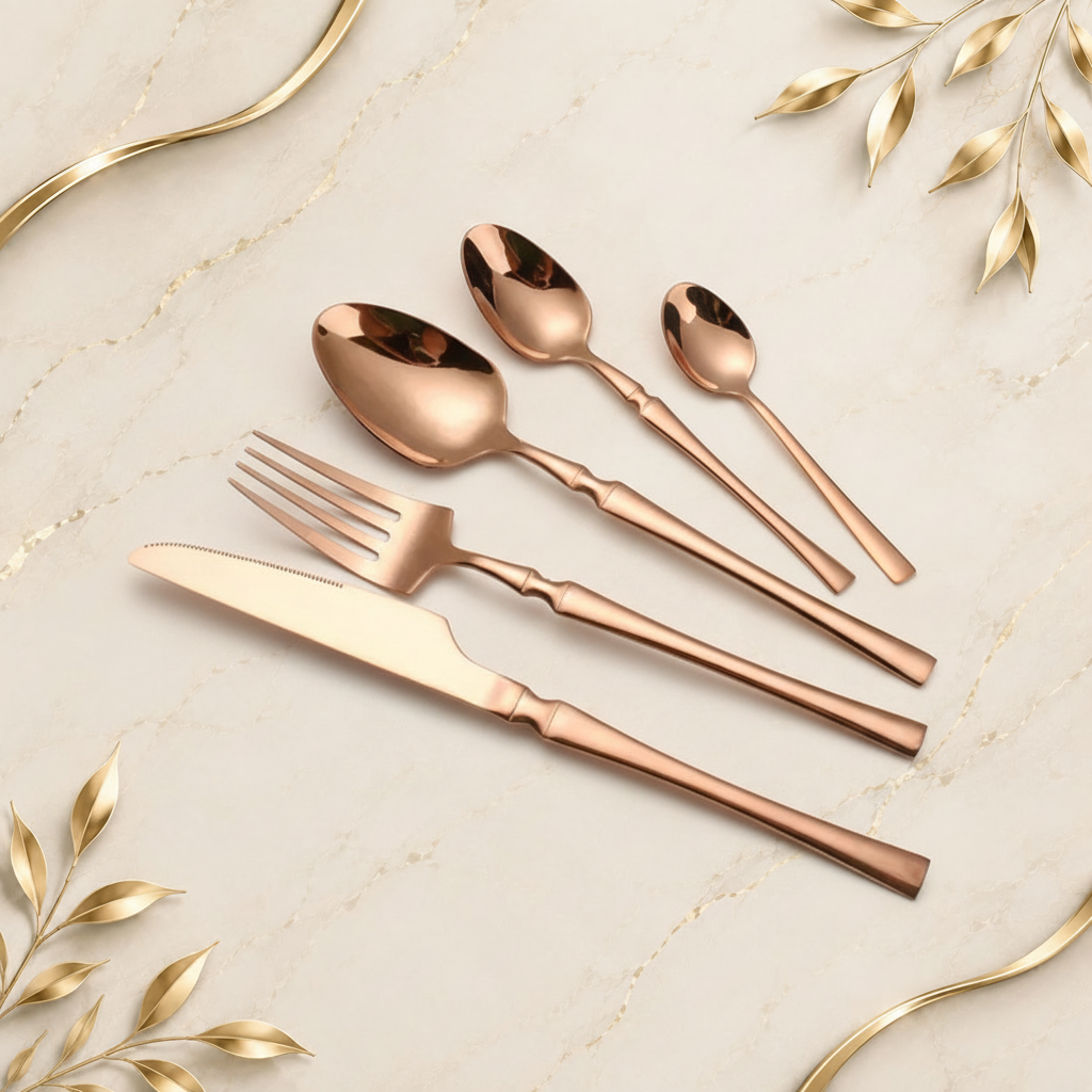 Rose Gold Flatware on Brand Background