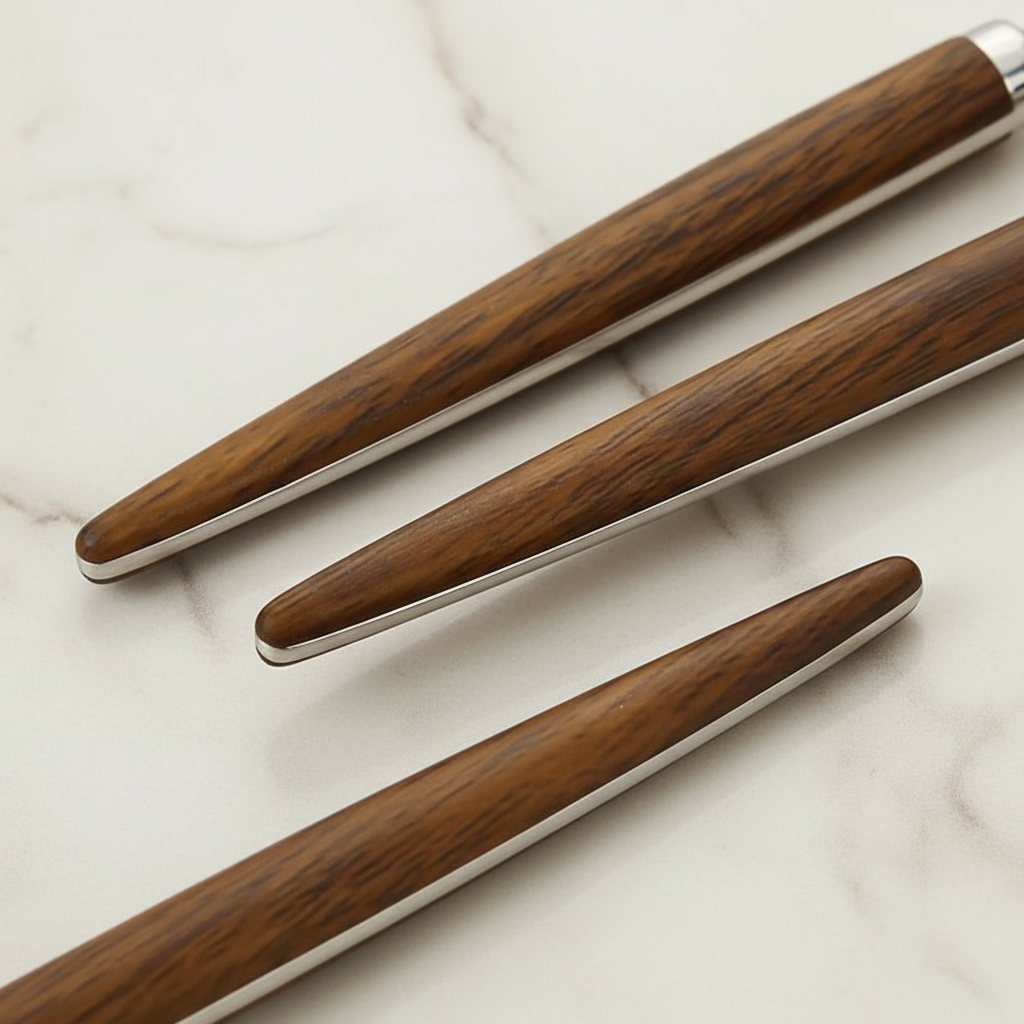 Wood handle close-up on cream marble